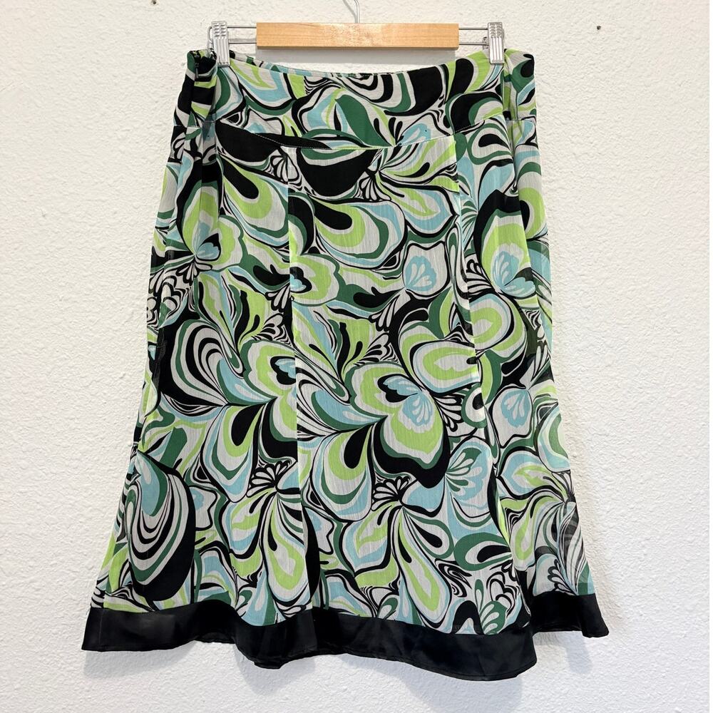 Vintage Y2K Floral Midi Skirt Psychadelic Hippie Green Blue Abstract